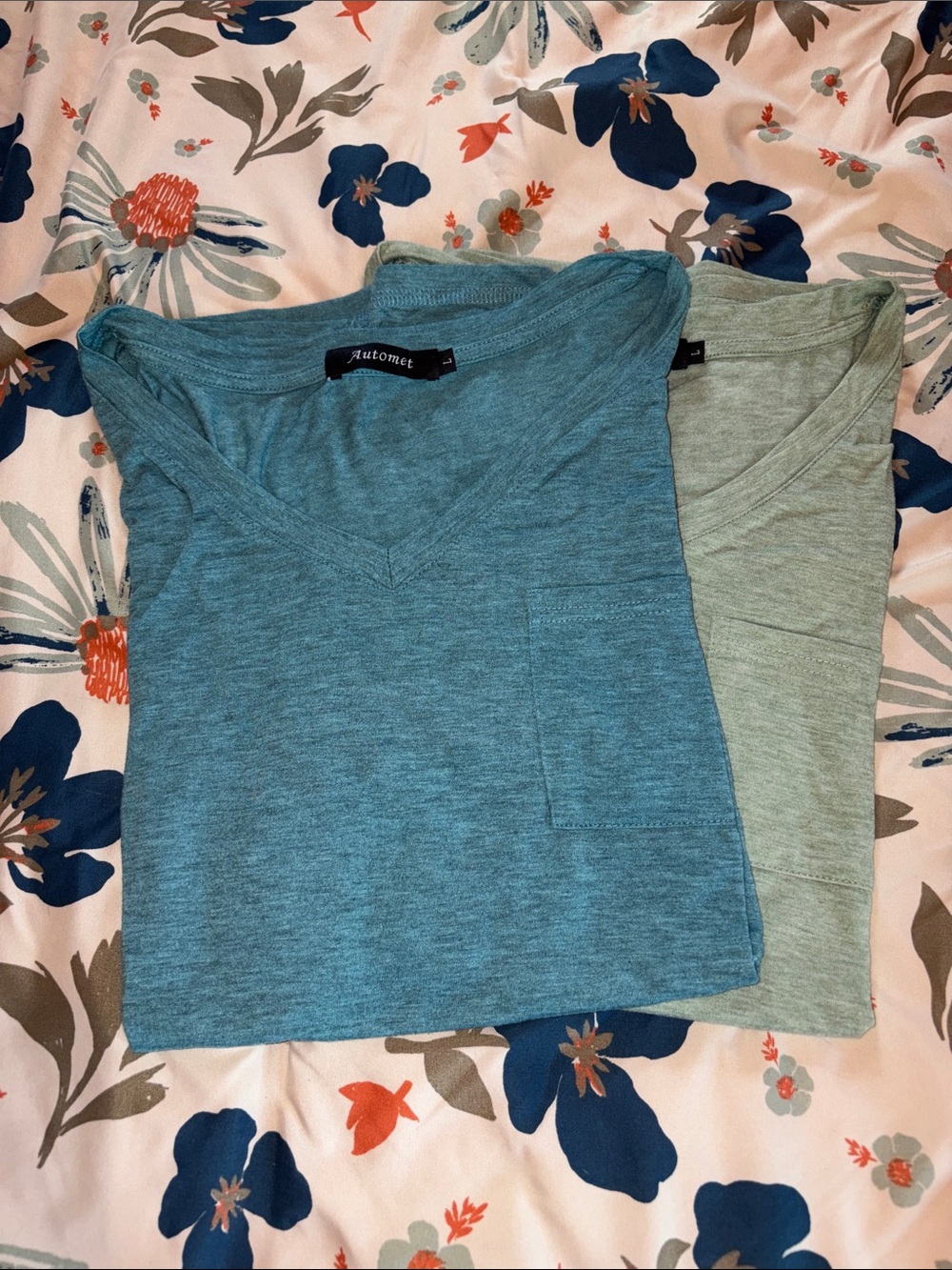 Lot of 2 Women’s V-Neck Pocket Tee - Blue & Sage Green